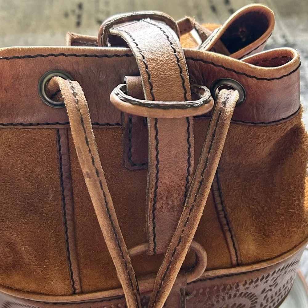 Vintage French Leather Trimmed Wicker‎ Bucket Bag Backpack